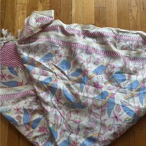 Bird Print Shawl / Cover-Up | Pink & Blue | Tassel Trim | Lightweight Wrap